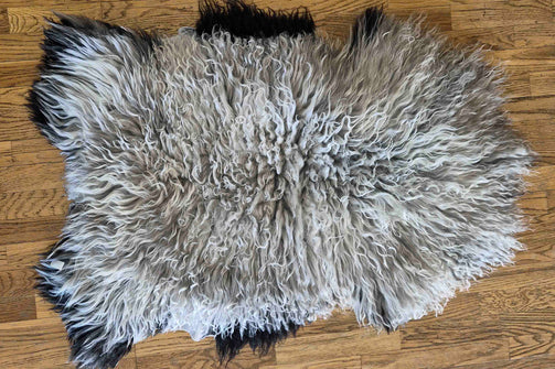 Silvery gray and black Navajo Churro sheepskin pelt